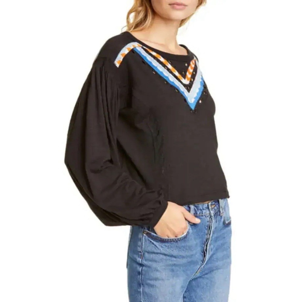 Free People Hand Me Down Top M Boho Folk Festival Western Balloon Sleeve Cropped